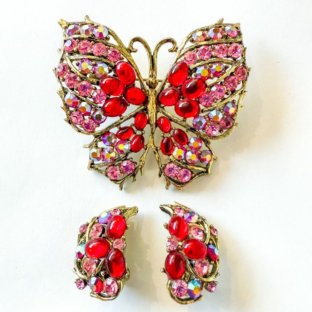 Weiss Butterfly Gold Tone Pink Rhinestones Red Cabochon Brooch & Clip-On Earring